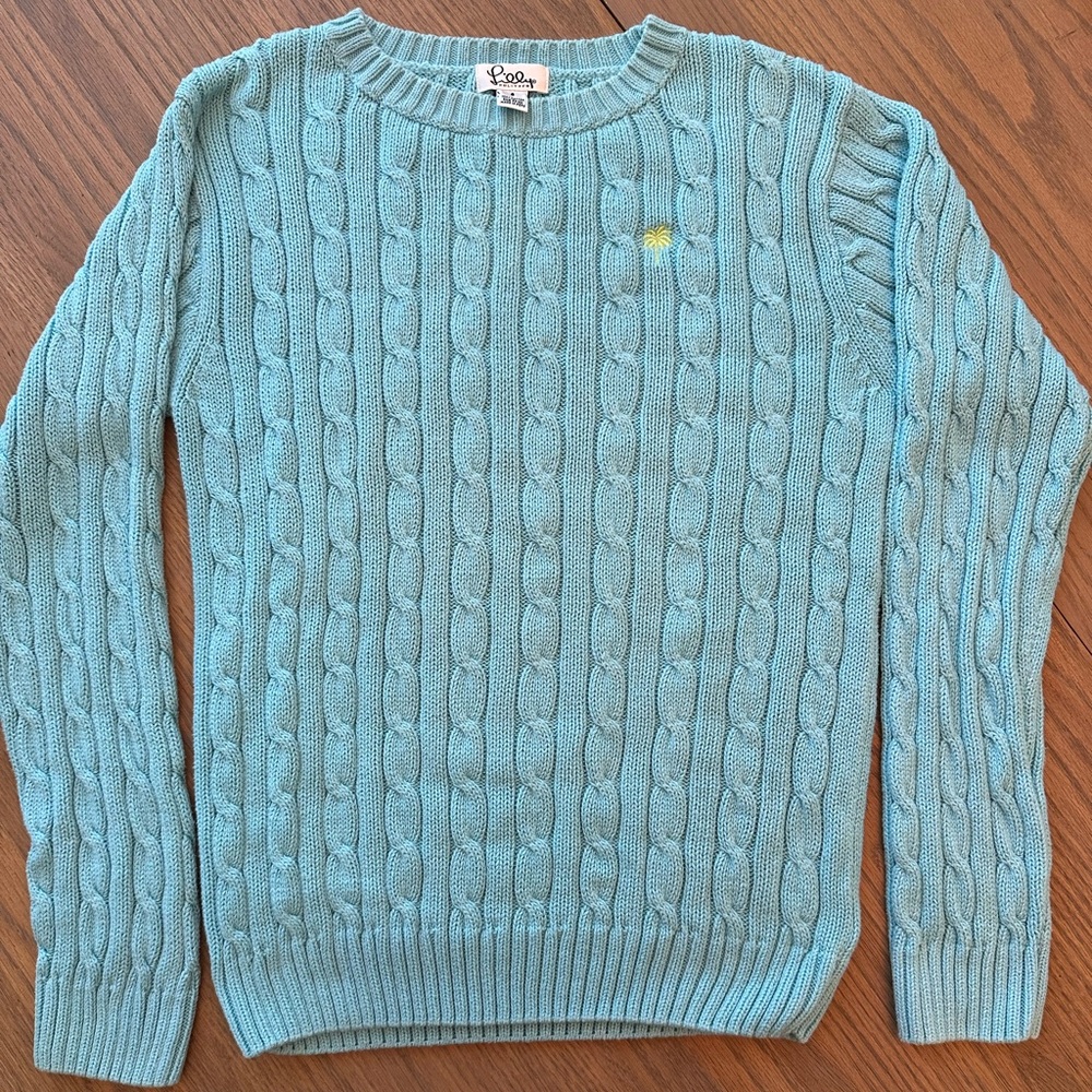 Lilly Pulitzer Vintage Aqua Sweater with Palm Tree monogram. Small